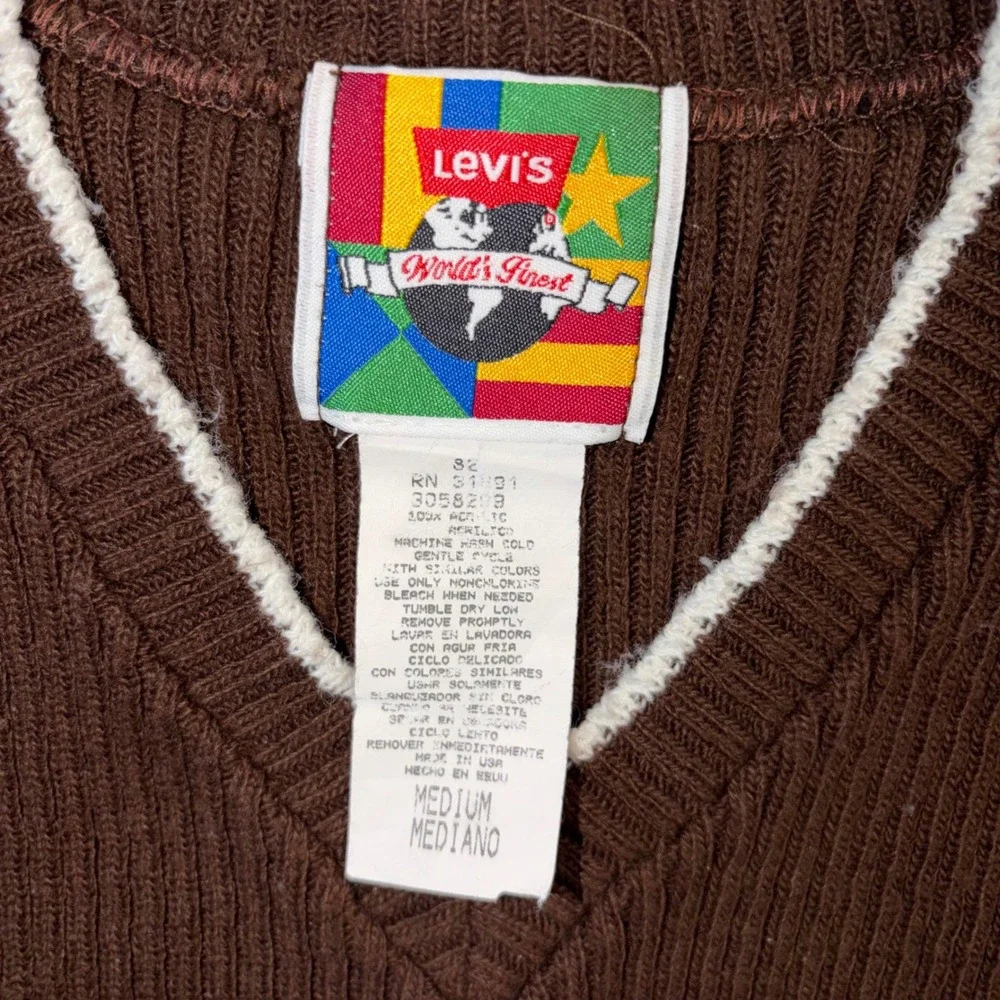 Vintage Levis Worlds Finest Brown Ribbed V-Neck Sweater Vest Made in USA Medium